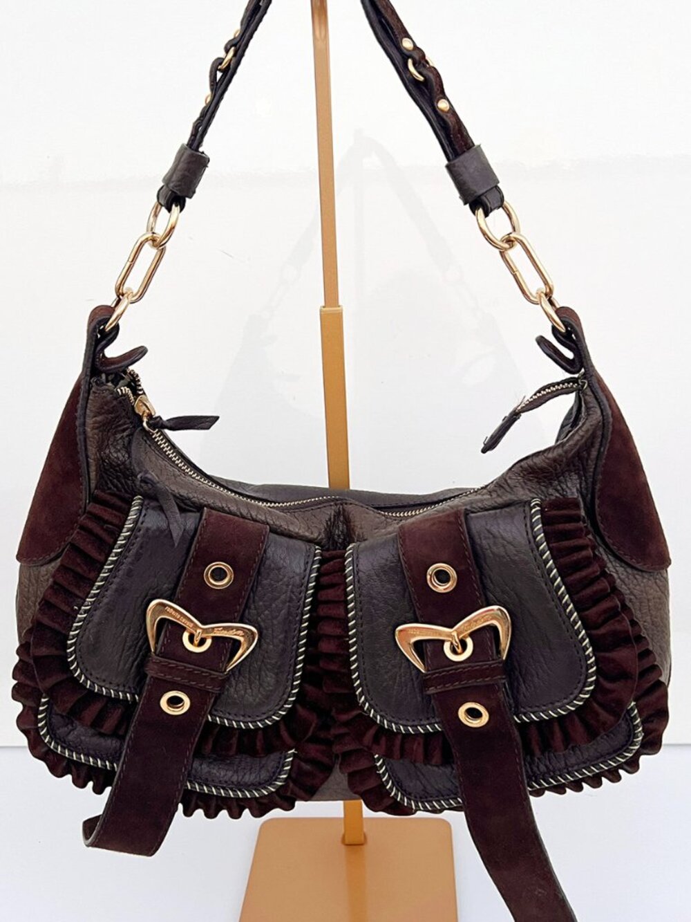 Roberto Cavalli Freedom Y2K Hobo Bag Brown Leather Suede Ruffle Buckle Shoulder